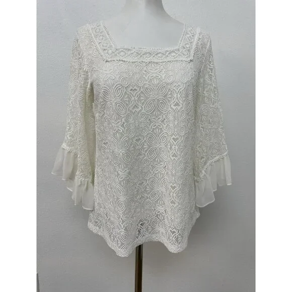 White House Black Market Lined White Lace Top Chiffon Ruffle Sleeves Sze S - Picture 2 of 16